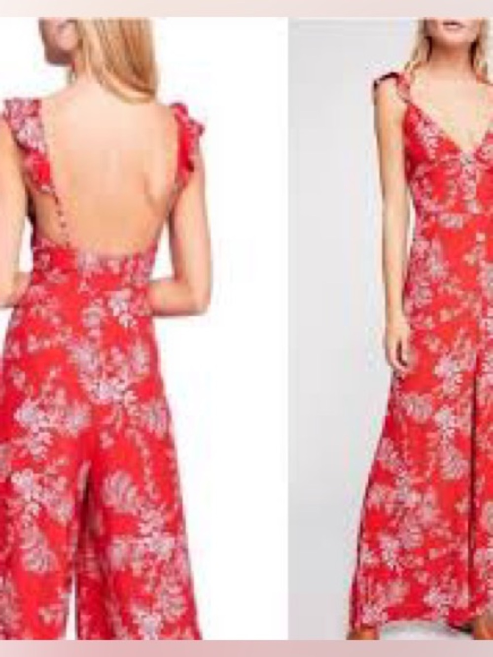 Free People "Be The One" wide-leg jumpsuit featuring a red floral print Sz 8